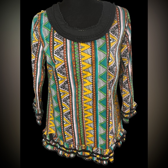 Almatrichi Multicolor Abstract design Long sleeves tunic top with ruffles NWT - Picture 1 of 14